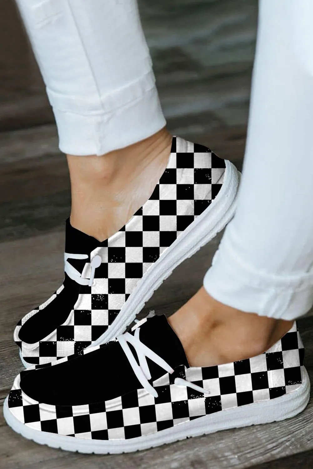 Women's Round Black White Checkerboard Print Slip On Sneakers