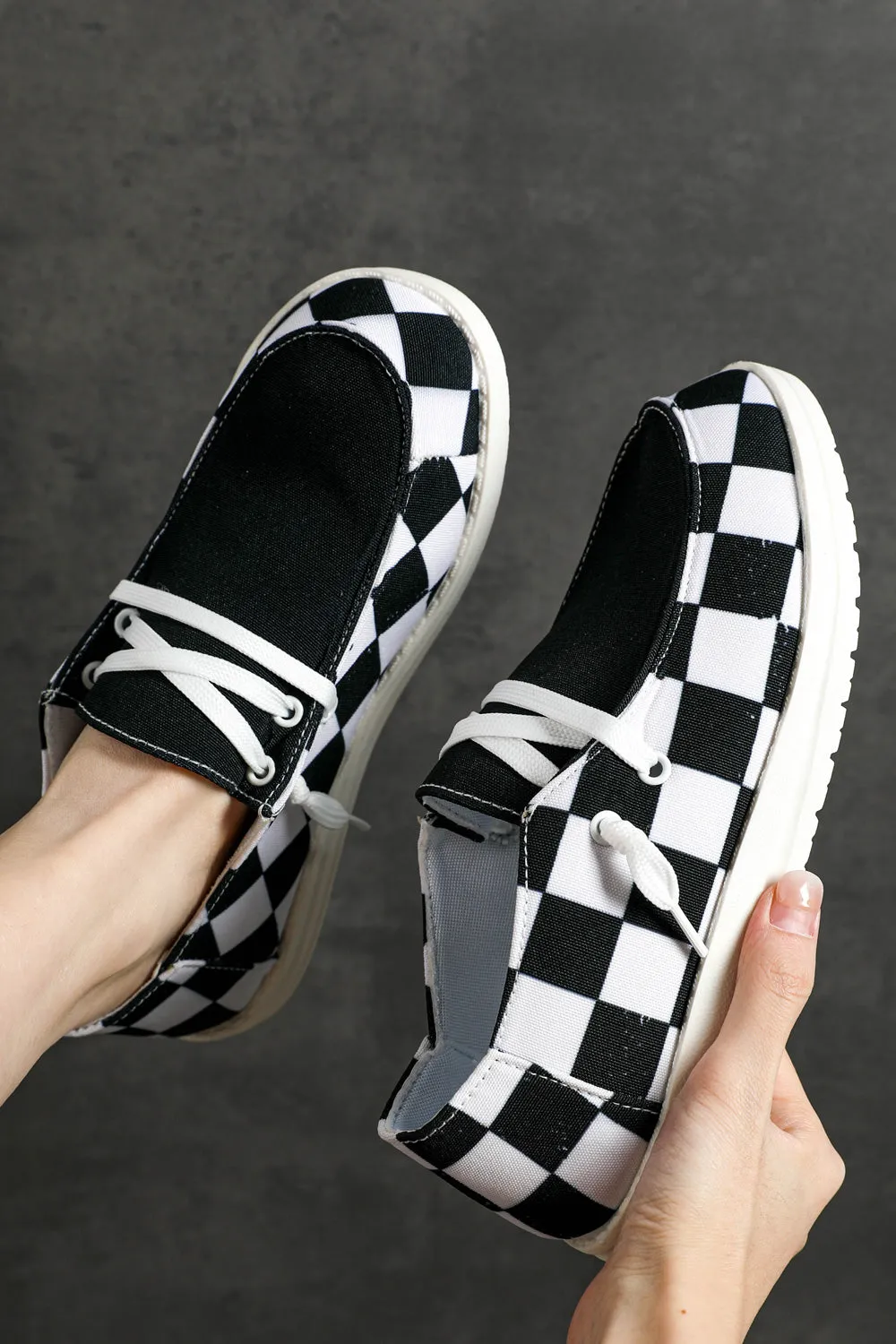 Women's Round Black White Checkerboard Print Slip On Sneakers