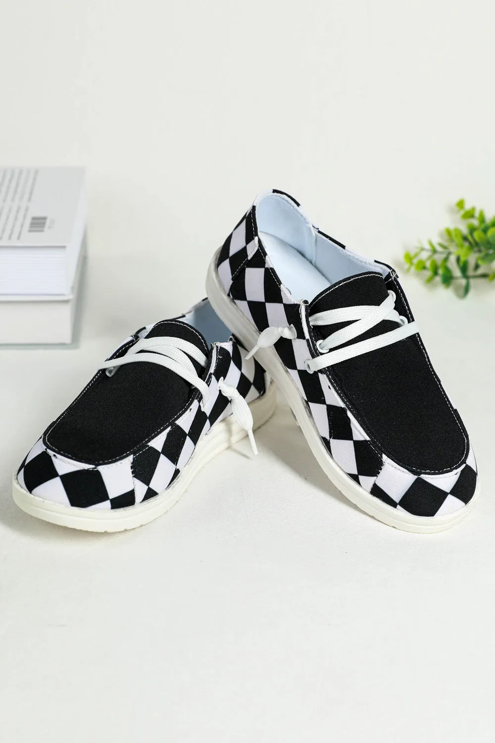 Women's Round Black White Checkerboard Print Slip On Sneakers