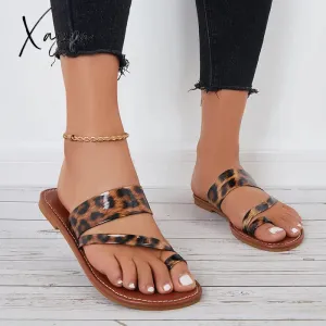 Xajzpa - Toe Ring Leopard Wide Slide Sandals Flat Beach Slippers