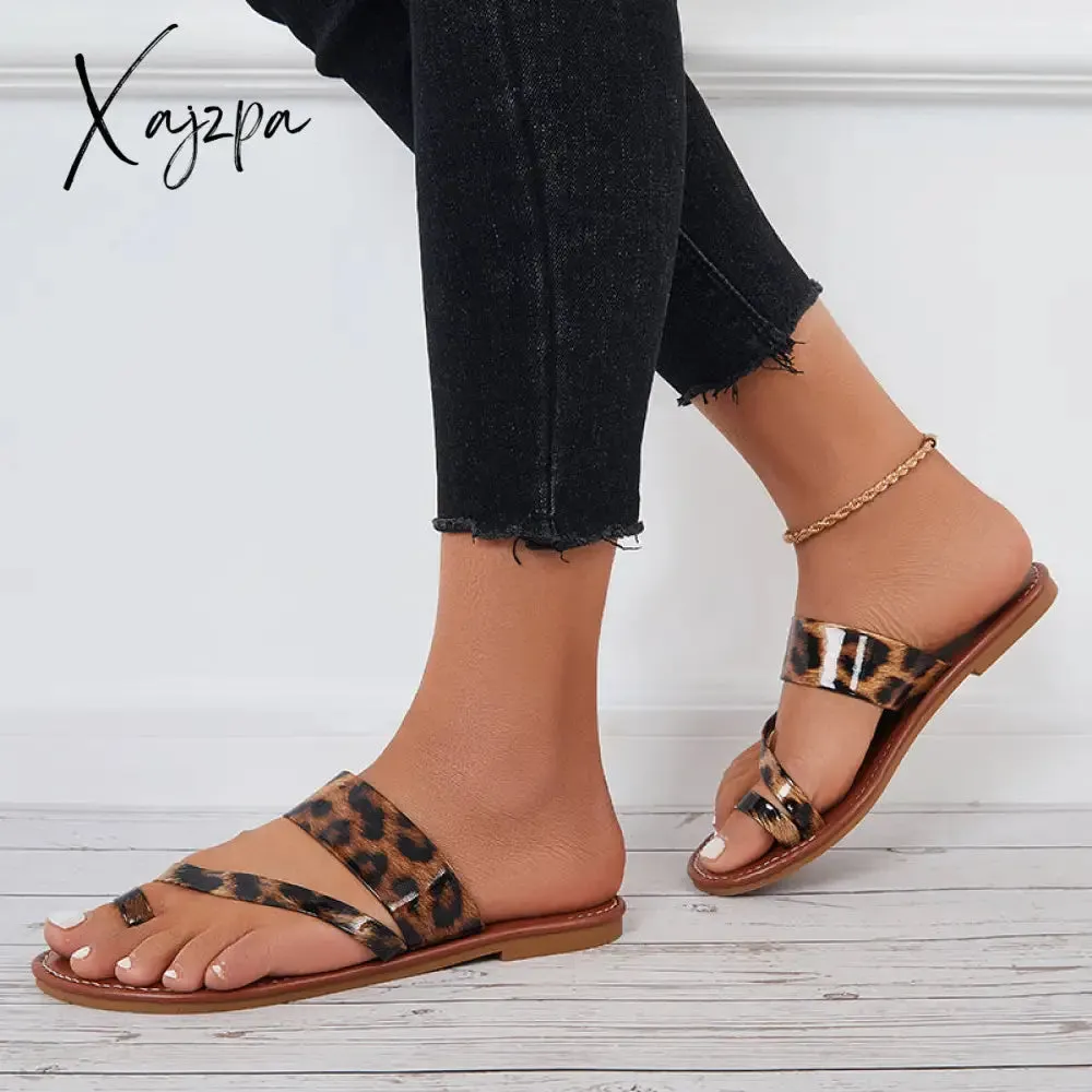 Xajzpa - Toe Ring Leopard Wide Slide Sandals Flat Beach Slippers